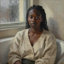 detailed portrait in comfortable femininity, ethnic, melanin, statuesque, relaxed realistic face, casual wear, cozy study bathed in morning light, chiaroscuro, radiosity, angular impressionism, contrasting highlights, calm neutral color scheme, rainy window dappled light, modern fashion, contemporary fine art, deep rich hues, oil on canvas
