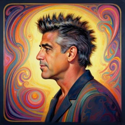 side profile centered painted portrait, George Clooney with a Mohawk, matte painting concept art, art nouveau, beautifully backlit, swirly vibrant color lines, fantastically gaudy, aesthetic octane render, 8K HD Resolution, by Victo Ngai and Kilian Eng and ilya kuvshinov and Cushart Krentz and Gilleard James