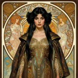 centered portrait, Maya Ali as a D&D sorcerer, black hair, intricate robes, Art Nouveau, beautiful retro Fantasy heroine 1985, intricate, elegant, highly detailed, centered, digital painting, trending on artstation, concept art, smooth, sharp focus, illustration, art by raphael lacoste, eddie mendoza, Mucha, alex ross, WLOP