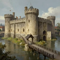 old english castle moat drawbridge, deep focus, intricate, highly detailed, digital painting, artstation, concept art, matte, sharp focus, illustration, art by artgerm and greg rutkowski