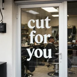 A barber shop with the phrase cut for you written on the door