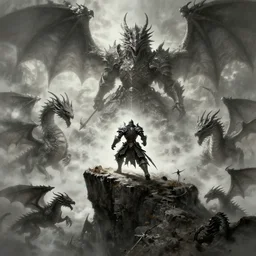 dark souls paladin fighting a group of dragons near a cliff concept art artwork by masanori warugai, glitch art, medieval, magic, intricate detailed 4 k, soft light, volumetric fog, soft glow, eerie, dark
