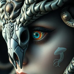 eye of goddess macro close - up portrait with mask made of ram phoenix skull. betta fish, jellyfish, plasma, water, wind, creature, super intricate ornaments artwork by tooth wu and wlop and beeple and greg rutkowski