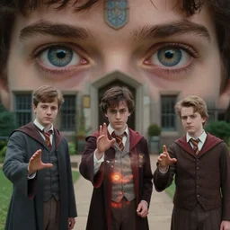 sharp, highly detailed, 6 5 mm film from a 2 0 1 9 sci fi color movie, set in 1 8 5 0 in an alternate universe, mid distant shot of three students practicing magic, outside the'school of magic ', 1 8 5 0 s era clothing, cinematic lighting, detailed eyes, sharp lens, live action, award winning lighting, cinematic photography