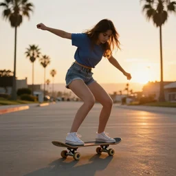 skater girl in california at sunset, 4 k, 3 d