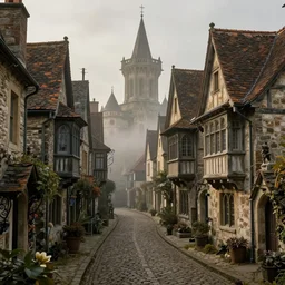a medieval dickensian village, tudor, art nouveau, baroque winding cobbled streets, style of arcane, magic the gathering, misty alleyways, tiled roofs, balconies, medieval tumbledown houses, st cirq lapopie, by pj lynch, ian mccaig, brian froud and mucha and alan lee