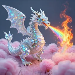 a dragon made of opal crystals, breathing rainbow fire over a field of cotton candy grass, in the style of artgerm and ed binkley.