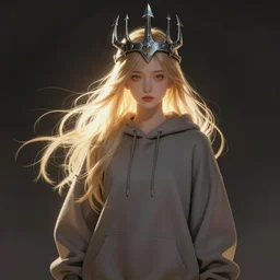 skater girl in baggy hoodie, long blonde hair, trident metal crown, dark background, backlight shining through hair, low light underlit, highly detailed, smooth concept art, airbrush, by artgerm greg rutkowski artstation