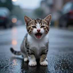 a kitten crying on the street at dusk while it's raining, realistic photo,4K