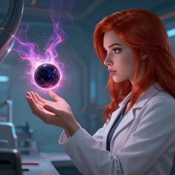 league of legends concept art beautiful young female scientist looking at small black hole in her hands, laboratory coat, long red hair, futuristic interior in background, black hole with plasma jets, art by charles liu, close up profile shot, fantasy style, soft lighting, vibrant color scheme, volumetric lighting, octane render, commission art, 8 k resolution