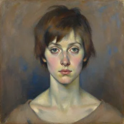 expressive medium shot portrait of a beautiful young woman with tomboy short brown hair, brown and blue palette, oil painting, muted colors, artwork by lucian freud, arnold bocklin