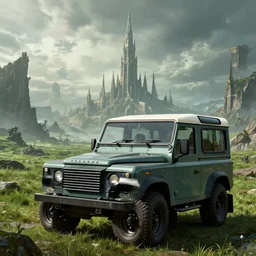 Land Rover Defender 110 (1985), an epic fantasy, dramatic lighting, cinematic, establishing shot, extremely high detail, photorealistic, cinematic lighting, artstation, by simon stalenhag, The Elder Scrolls IV: Oblivion, Green Cyrodiil plains, Imperial City with the Adamantine Tower in the middle in the distance, Adamantine Tower in the distance, at day