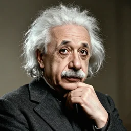 A realistic photo of Albert Einstein thinking, vintage photo.