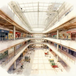 Abandoned shopping mall, high quality watercolors, award winning, trending on ArtStation