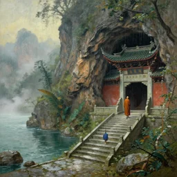 a gorgeous landscape painting by barlowe wayne, maxfield parrish and marco mazzoni. chinese temple. close - up shot on rain dorps. a lonely chinese monk walks on the winding stone steps, stone gate to the dark cave, 3 d, octane render, turbulent lake, fog, 8 k.