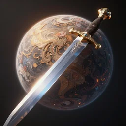 sword cutting through a distant planet, exquisite, volumetric lighting, 8 k octane beautifully detailed render, post - processing, extremely hyper - detailed, intricate, epic composition, cinematic lighting, masterpiece, trending on artstation, stunning art by lehr, by simonetti, beautiful cinematic light