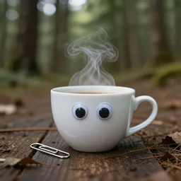 a single metal paperclip with googly eyes, next to a steamy cup of coffee, in the woods, photography, depth of field, very symmetric, rule of thirds, 4 k resolution
