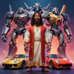 stylish caricature 3 d vfx drew struzan movie poster art of an african jesus surrounded by giant mecha & sports cars, art style by james jean & hsiao ron - cheng, unreal engine render, digital illustration, sharp, intricate detail, volumetric lighting, ray tracing, soft light, neon, claymation style, ernie barnes style, symmetry, acrylic on canvas, pinterest, art