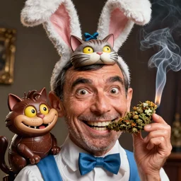 hyper realistic, close up portrait of a derpy mr. bean, big chungus, with bunny ears, and a cheshire chocolate cat, alice in wonderland, schizo, cat hat, smoking massive amounts of weed, big smile, buck teeth, by greg rutkowski, scott m fischer, artgerm, loish, slight glow, atmospheric, anne stokes, alexandros pyromallis, 4 k, 8 k