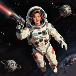 retro sci - fi art of a beautiful woman in a retro - future spacesuit floating through space. she is holding a lazer blaster in hand.