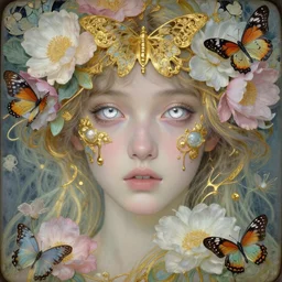 a beautiful young lady with huge bright silver eyes, Gold intricate details, delirium of flowers and butterflies, daguerreotype by pontormo, by gustave moreau, by Mackintosh, by schiele, art noveau, highly detailed, strong lights, liminal, eerie, Bright pastel colors