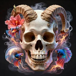 3 d close - up swirly human skull portrait!!! giant gladiola betta fish!! ram skull jellyfish phoenix with nautilus surrounded by smoke and water fire energy flow, highly detailed. octane render, excellent composition, by wlop, tooth wu, greg rutkowski, alena aenami, beeple