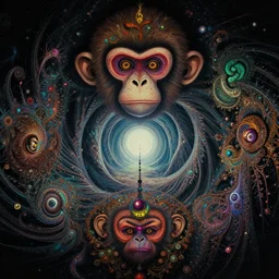 lsd visuals dmt visuals shroom visuals a monkey face spirals and fractal designs infinity by Paul Lehr and moebius and beeple and in the middle a portal back to reality, filmic, cinematic, into the void