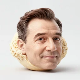 ben kingsley's head has the form of an ice cream ball. it is on top of an ice cream cone. colorful ink, by artgerm