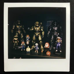 a dark gift shop with a display case of halo 2 toys and figurines. 3 5 mm f / 2. 8 macro lens. creepy dark polaroid - h 6 4 0