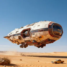 Sci-Fi industrial futuristic vibrant Brutalism huge flying carrier vehicle desert