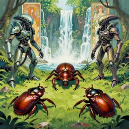 attack of giant beetles with few element of alien cyberpunk armor in a fantastic alien jungle forest, waterfall in the background, by moebius, alphonse mucha, ayami kojima, amano, greg hildebrandt, and mark brooks, art nouveau, cyberpunk, neo - gothic!!