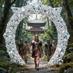 a roman soldier walking through a portal made of diamond between kyoto and a singaporean forest, cinematic, ultra detailed, majestic, intricate, by android james, ruan jia, ilya kuvshinov, martine johanna, jakub rebelka