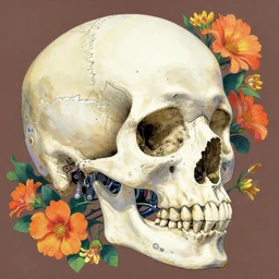 ortographic view of a large skull with cybernetic modifications and vivid flowers by Jen Bartel and Dan Mumford and Satoshi Kon, gouache illustration