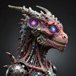3D render of a rugged profile dragon portrait of a steampunk cyborg, inset xray cross-section, neon lenses for eyes, Mandelbrot fractal, titanium skeleton, anatomical, flesh, facial muscles, wires, microchips, electronics, veins, arteries, glowing, full frame, microscopic, elegant, highly detailed, flesh ornate, elegant, high fashion, dye contrast lighting, black light, octane render in the style of H.R. Giger and Bouguereau