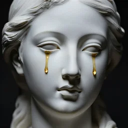 beautiful face, made of porcellaine, golden tears, moody lighting, dark background, high contrast, textured paint strokes on the face