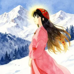 technopriestess at the snowy strawberry mountains. watercolor by moebius, clamp and arina tanemura, backlighting, vibrant palette.