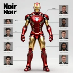 noir iron man, character sheet, concept design, contrast, kim jung gi, greg rutkowski, zabrocki, karlkka, jayison devadas, trending on artstation, 8 k, ultra wide angle, pincushion lens effect