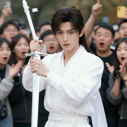 a handsome young guy in white clothes and with a sparkling white sword. there is a crowd of surprised people around him. hyper - realistic picture. 4 k