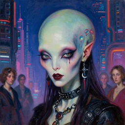 close up portrait of a fractal punk goth alien martian girl in a fluorescent cyberpunk futuristic city by ellen von unwerth, oil painting by canaletto hieronymus bosh leonardo da vinci piero della francesca botticelli
