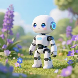 single toy humanoid robot in a garden looking around, hyper detailed, sharp focus, bokeh, unreal engine, ray tracing, cute, fantasy, sci fi, purple flowers, blue flowers, violet flowers, glowing flowers, tiny, small, hyper realistic, sky