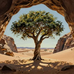 a trippy painting of a tree in a desert cave in background painting by salvador dali
