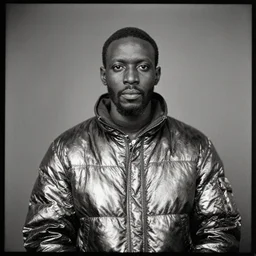 wet plate portrait, sudanese man in shiny metallic moncler jacket, by julia margaret cameron,