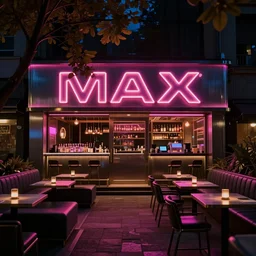 lounge bar, nocturne view, the facade frames the low banquettes on the left and high tables on the right, we love that the tree is obstructing the facade, adding unintentional mystique, macro up view metallic, tron, close up bokeh hiperrealistic neon glow darkness dramatic neon, sharp focus, octane render, imax
