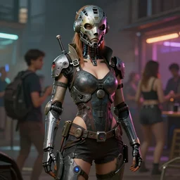 woman made of mech mask rendered in unreal engine, full body, cyberpunk, rave, scifi, painted by albrecht durer | bernard buffet | carne griffiths | wlop