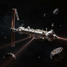 Wide shot of a space station , mining lasers. Asteroid belt. Scenic view, in the void of space, underexposed, matte painting by Craig mullins and Emmanuel_Shiu and john berkey, cinematic, dark sci-fi, concept art trending on artstation, 4k, insane details, ultra realistic