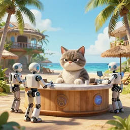 photo of a post apocalyptic tropical resort, highly detailed, robots waiting at the counter,!!! grumpy cat!!!