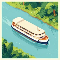 isometric aerial view of the jungle cruise riverboat in a river, poster art, concept art, colorful, 2 d, flat style, nautical navigation map, minimalist modern art photo illustration ink drawing woodcut retro poster art
