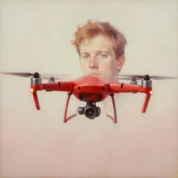a portrait of finn wolfhard as a drone, red, oil painting, pale colors, high detail, 8 k, wide angle, trending on artstation,
