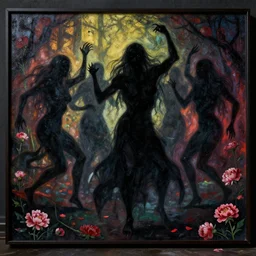 scary, terrifying, evil shadow people dancing by gustave dore. back glass painting, carnation, encaustic painting, b - roll, establishing shot, dappled light, crime scene photography, 8 k, vray, unreal engine, blender cycles, colorful