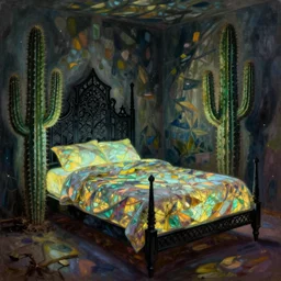 gothic luminescent bed with cactus. painting by karl blossfeldt, morandi